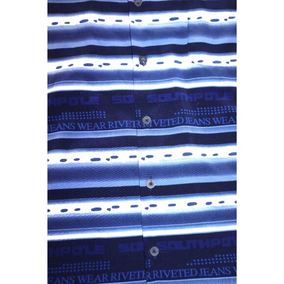Southpole Striped Shirt Blue White Large Button-Down Retro Y2K Streetwear - Picture 9 of 11